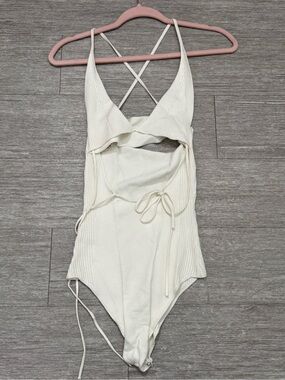 Anna October Cream Ribbed Knit Tie Back Bodysuit Top Cutout Minimalist US 6